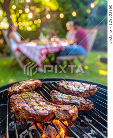 Juicy barbecue meat on the grill, close view, summer barbecue bliss background Juicy barbecue meat on the grill, close view, summer barbecue bliss background 128603160