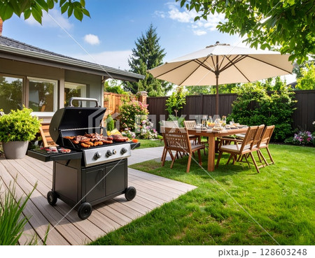 Backyard barbeque exterior background, summer mood 128603248
