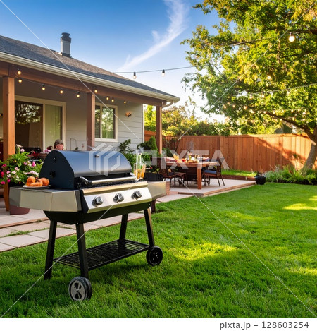 Backyard barbeque exterior background, summer mood 128603254