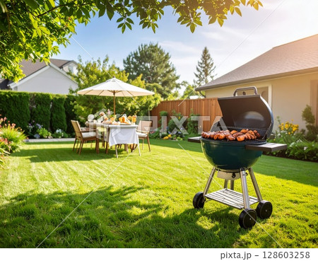 Backyard barbeque exterior background, summer mood 128603258