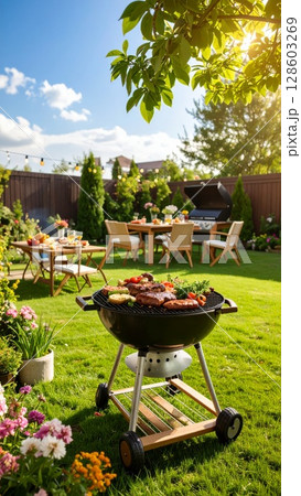 Backyard barbeque exterior background, summer mood 128603269