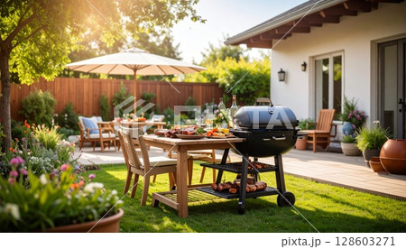 Backyard barbeque exterior background, summer mood 128603271