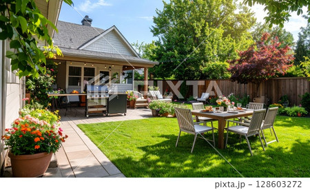 Backyard barbeque exterior background, summer mood 128603272