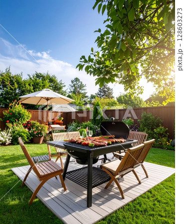 Backyard barbeque exterior background, summer mood 128603273