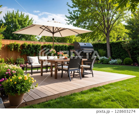 Backyard barbeque exterior background, summer mood 128603274