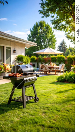Backyard barbeque exterior background, summer mood 128603276