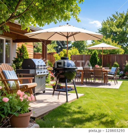 Backyard barbeque exterior background, summer mood 128603293