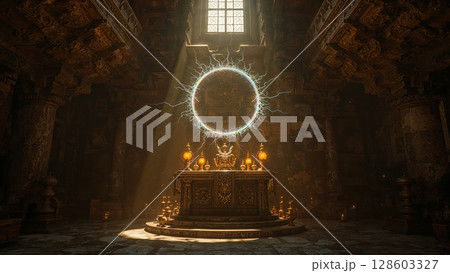 Altar in the old temple with sparkling circle of lightning above it, forming a portal, fantasy art background 128603327