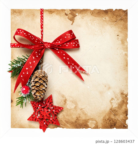 Red Ribbon and Pine Cone Christmas Card Design 128603437