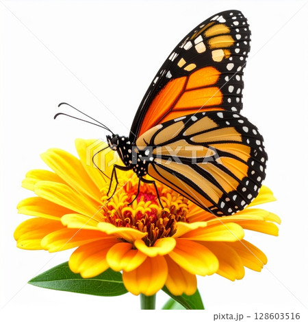 Monarch Butterfly on Yellow Zinnia Flower 128603516