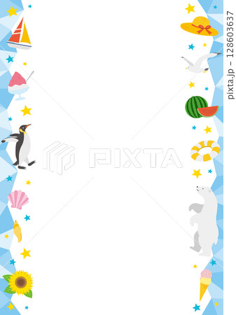 夏をイメージした氷の縦型の左右のフレームイラスト_青 128603637