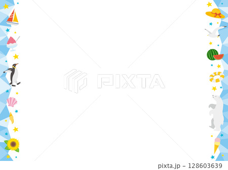 夏をイメージした氷の横型の左右のフレームイラスト_青 夏をイメージした氷の横型の左右のフレームイラスト_青 128603639