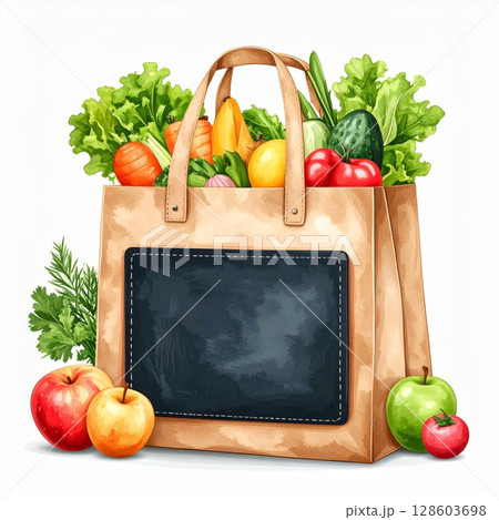Brown Paper Bag Filled with Fresh Fruits and Vegetables 128603698