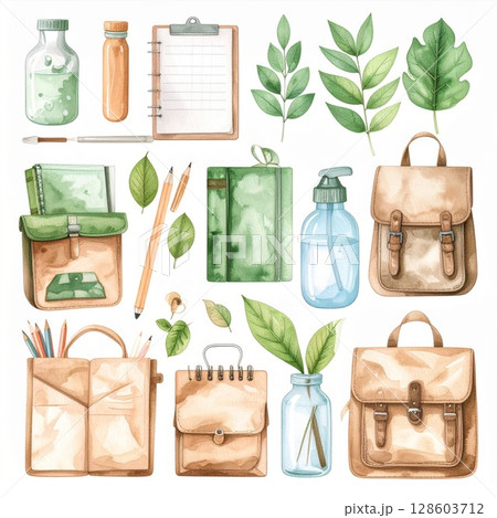Watercolor School Supplies and Nature Elements Illustration 128603712