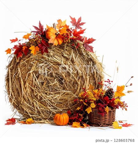 Hay Bale Autumn Decoration with Pumpkins and Leaves 128603768