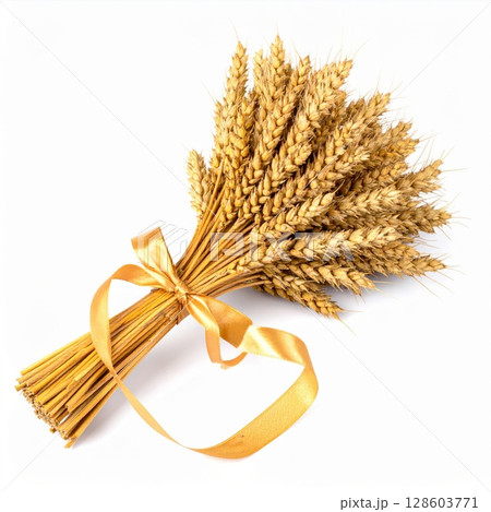 Golden Wheat Sheaf with Ribbon on White Background 128603771