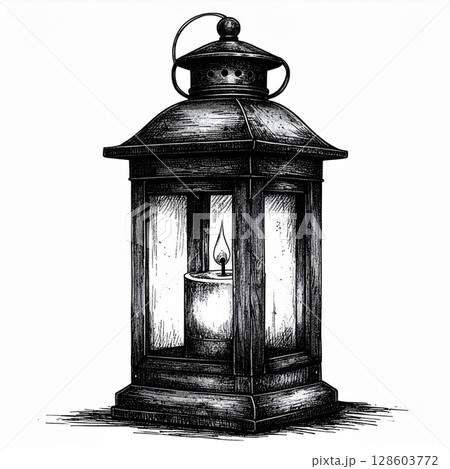 Black And White Drawing Of A Vintage Lantern 128603772