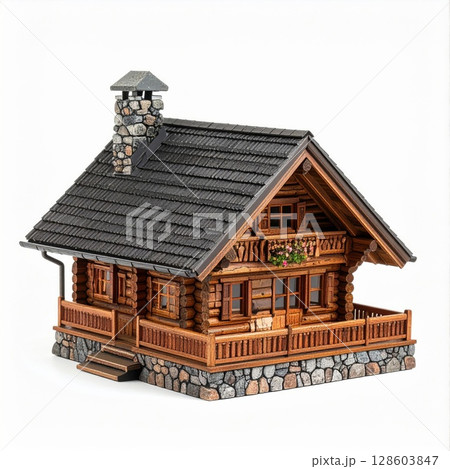 Wooden Log Cabin Model with Stone Chimney on White Background 128603847