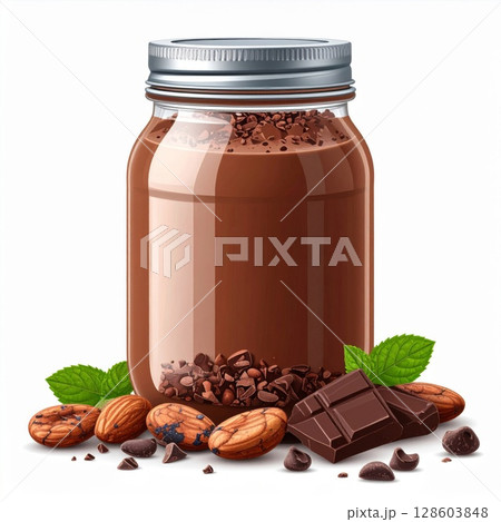 Dark Chocolate Smoothie in Glass Jar with Almonds and Cocoa 128603848