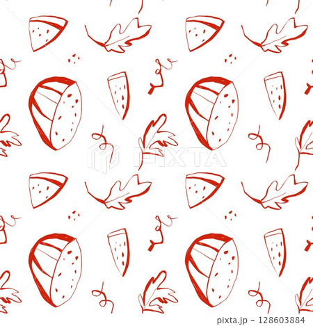 Seamless pattern with watermelon slices leaves seeds and curly twigs on white background summer fruit design Seamless pattern with watermelon slices leaves seeds and curly twigs on white background summer fruit design 128603884