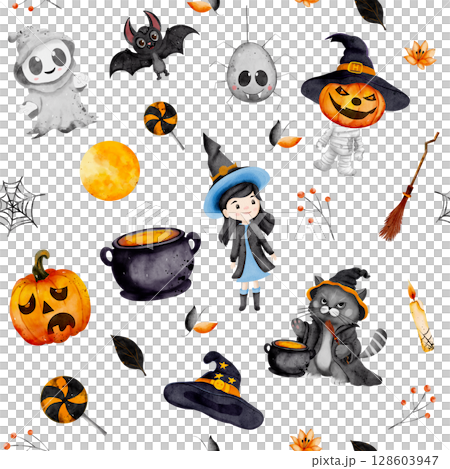Watercolor seamless pattern featuring witch, ghost, zombie, black cat and bat on white background. Perfect for spooky invitations, kids decor, holiday supplies and halloween projects. 128603947