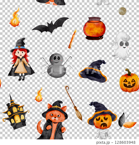 Watercolor seamless pattern featuring witch, ghost, zombie, orange cat and bat on white background. Perfect for spooky invitations, kids decor, holiday projects. 128603948