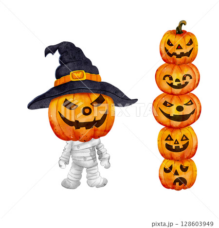Watercolor Halloween composition with a zombie pumpkin in a witch hat and a stacked pumpkin tower. Hand-painted spooky illustration on white background, perfect for party decor and cards. 128603949