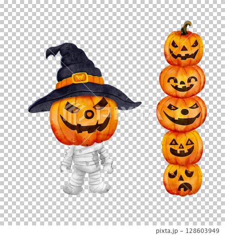 Watercolor Halloween composition with a zombie pumpkin in a witch hat and a stacked pumpkin tower. Hand-painted spooky illustration on white background, perfect for party decor and cards. 128603949