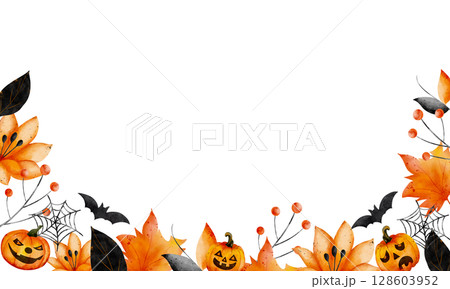 Template with pumpkins, black and orange abstract flowers, spider webs with space for text in the center. White background. hand drawn, watercolor style, Halloween theme. Template with pumpkins, black and orange abstract flowers, spider webs with space for text in the center. White background. hand drawn, watercolor style, Halloween theme. 128603952