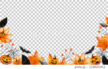 Template with pumpkins, black and orange abstract flowers, spider webs with space for text in the center. White background. hand drawn, watercolor style, Halloween theme. Template with pumpkins, black and orange abstract flowers, spider webs with space for text in the center. White background. hand drawn, watercolor style, Halloween theme. 128603952