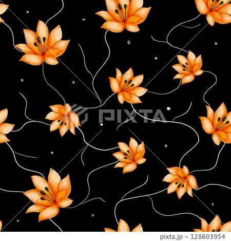 Seamless pattern featuring Abstract watercolor orange flowers and white lines and dots on black background. Botanical illustration of bright colors 128603954