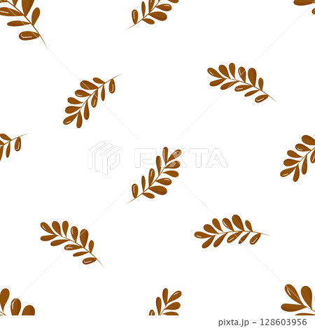 Seamless vector pattern with brown leaves on a white background. Perfect for autumn-themed designs, textiles, packaging, web backgrounds, and seasonal decorations 128603956