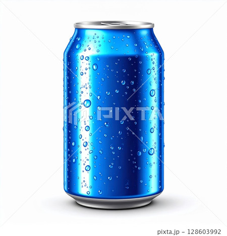 Blue Aluminum Can with Condensation on White Background 128603992