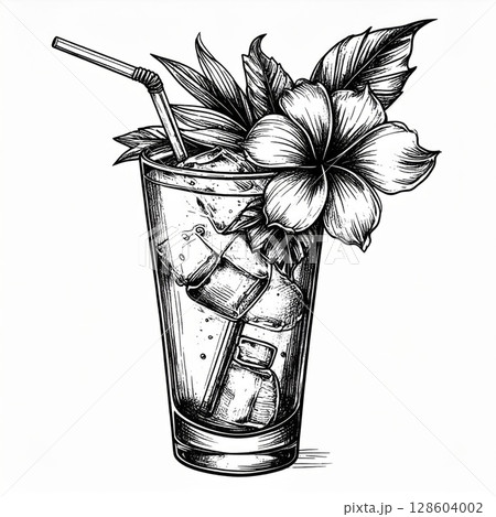 Hand Drawn Black And White Tropical Cocktail Illustration 128604002