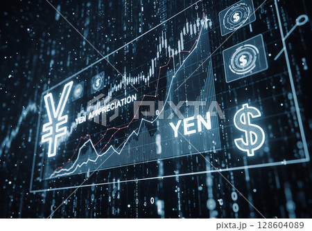 円高トレンド：日本円の価値上昇を示す金融グラフ 128604089