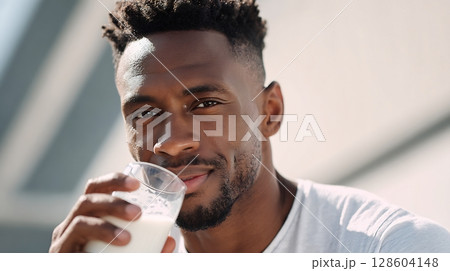 Happy young man drinking a refreshing glass of milk outdoors, smiling. Happy young man drinking a refreshing glass of milk outdoors, smiling. 128604148