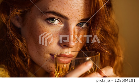Close-up of a beautiful redhead woman with freckles holding a glass, looking at camera. Close-up of a beautiful redhead woman with freckles holding a glass, looking at camera. 128604181
