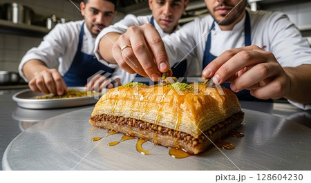 Authentic baklava with a crunchy texture and rich  128604230