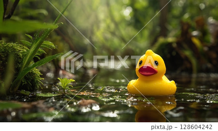 Yellow rubber duck toy floating in calm water, surrounded by green nature. 128604242