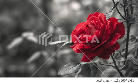 Vibrant red rose with glistening water droplets, set against a blurred gray background. 128604243