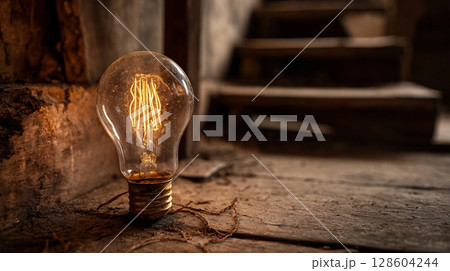 An old, dusty, illuminated light bulb rests on a worn wooden floor. Its warm glow lights up the vintage setting. 128604244