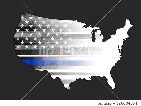 Grunge American map with black white USA flag and blue smooth stripe 128604351