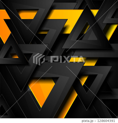 Black and orange geometric triangles abstract tech background 128604391