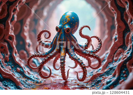 A colorful octopus with its tentacles spread out.  A floating octopus in a rocky cave. A colorful octopus with its tentacles spread out.  A floating octopus in a rocky cave. 128604431