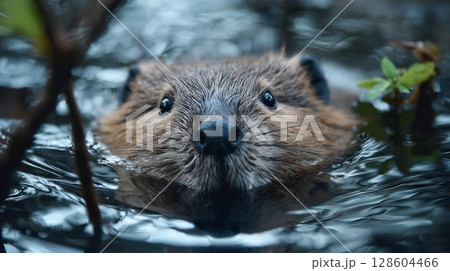 A brown beaver peeks from blue water, with plants nearby. Cute aquatic rodent. 128604466