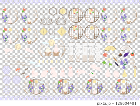 お月見の可愛いイラスト素材セット：フレームと和柄 128604481