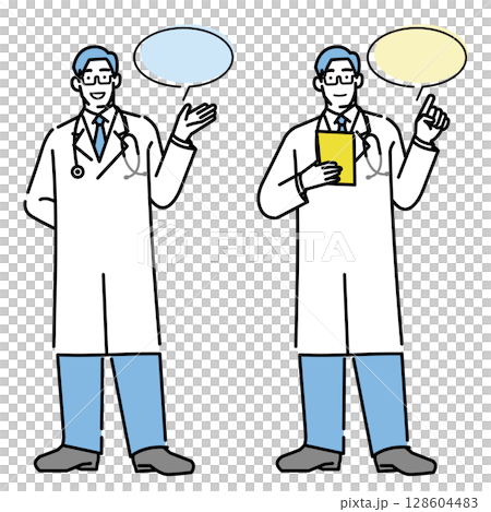 Full-body illustration of a doctor explaining with speech bubble (with hands outstretched) Full-body illustration of a doctor explaining with speech bubble (with hands outstretched) 128604483
