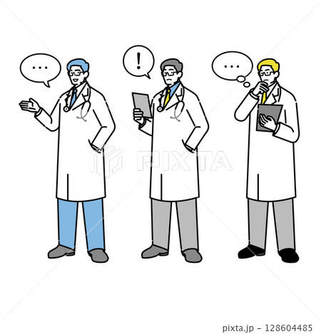表情豊かな医師たちのイラストセット（考える・説明する・驚く） 128604485