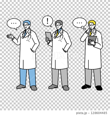 Illustration set of expressive doctors (thinking, explaining, being surprised) Illustration set of expressive doctors (thinking, explaining, being surprised) 128604485