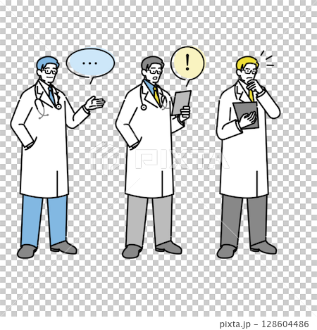 医療チームのやり取りを描いた医師イラストセット(吹き出し付き) 医療チームのやり取りを描いた医師イラストセット(吹き出し付き) 128604486